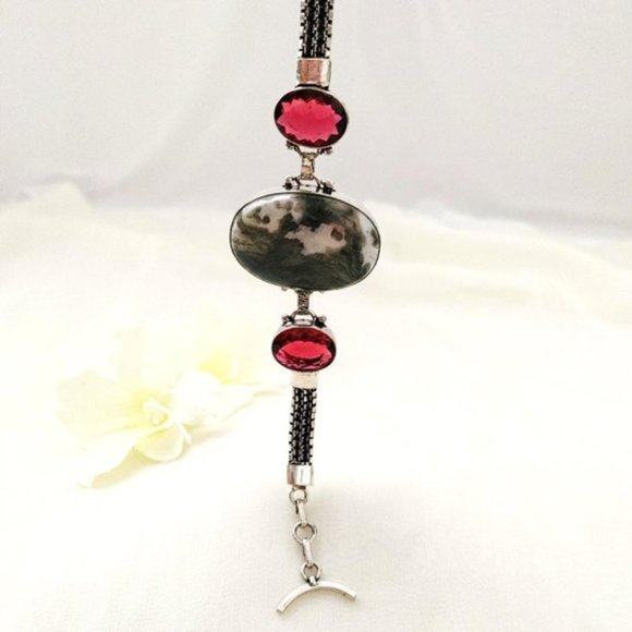 Moss Agate Garnet (br17) Bracelet Green Red Natural Gems 925 Silver Toggle 7"-8" - Picture 3 of 11